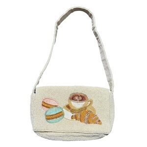 Novelty Macaroon Croissant Coffee Print Beaded Shoulder Bag